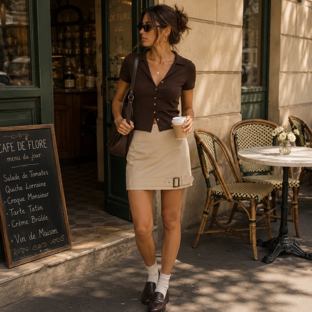 Nonchalant Label Kira Tan Belted Hem Mini Skirt Size L NWT Preppy, Quiet Luxury